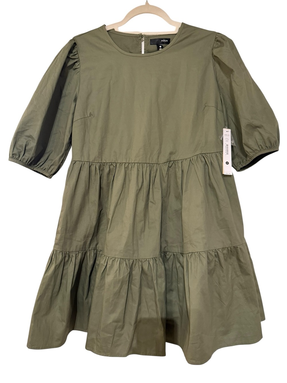 Aqua Olive Green Puff-Sleeve Poplin Mini Dress